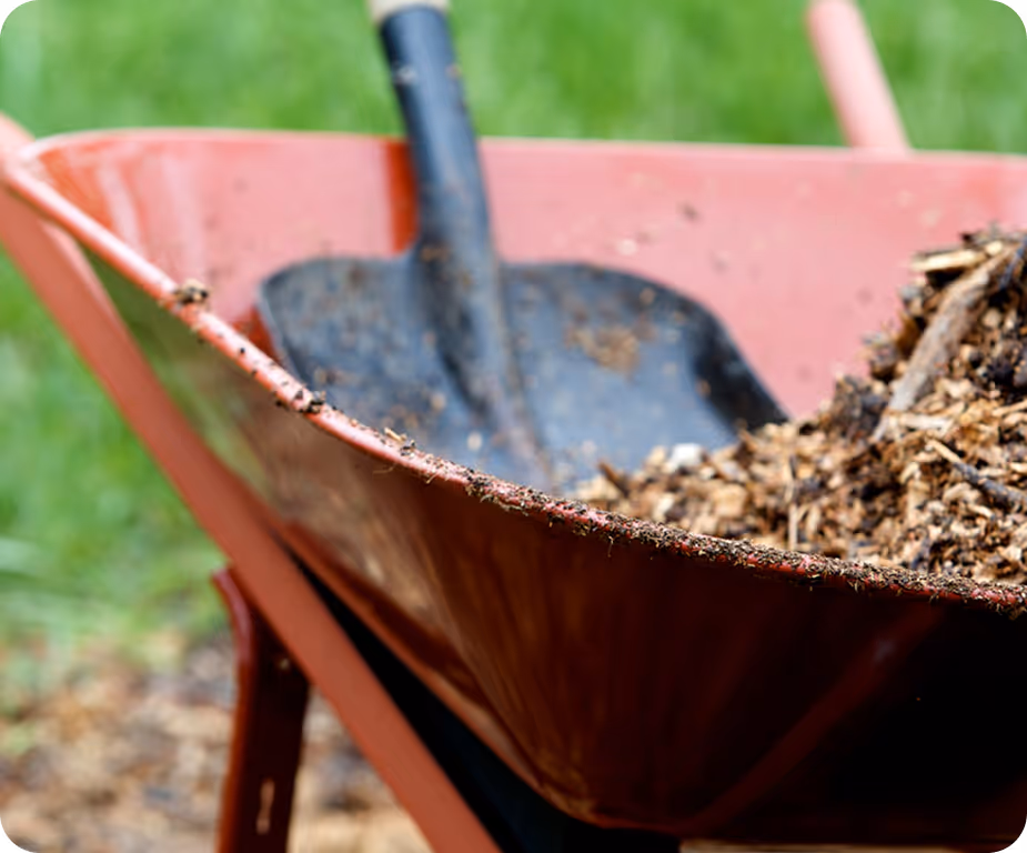 Schubkarre mit Holzspänen und einem Spaten, unscharfer grüner Hintergrund.
